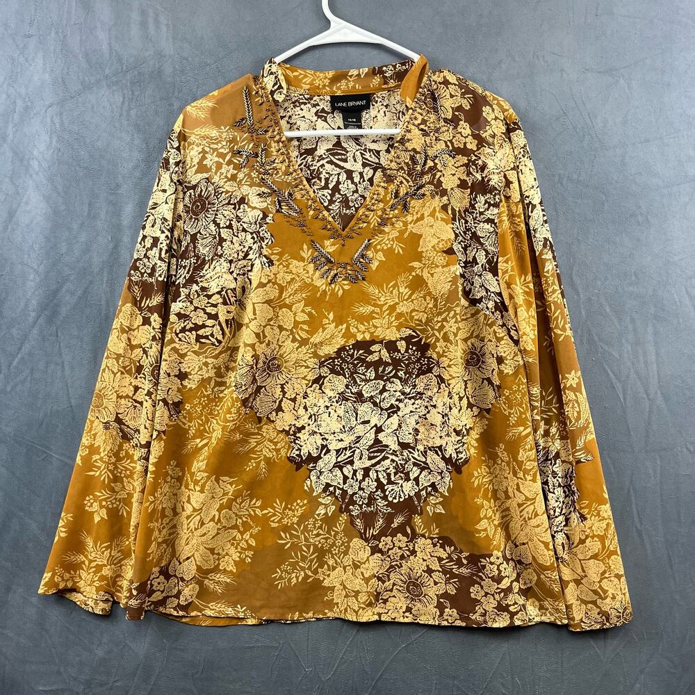 Lane Bryant Flowy Floral Autumn Harvest Plus Size 14/16 Blouse Beaded Wheat